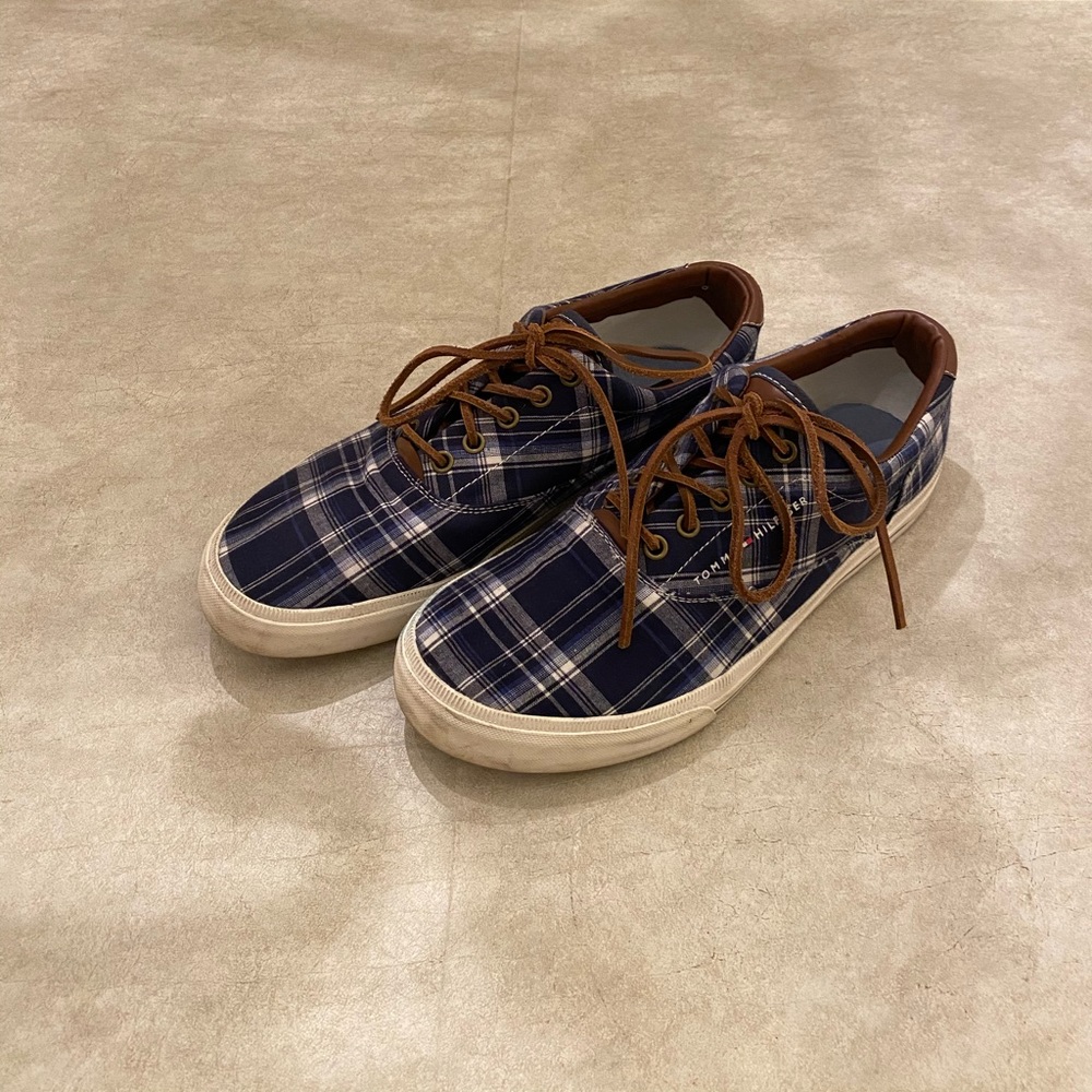 White and Navy Blue Plaid Tommy Hilfiger Sneakers